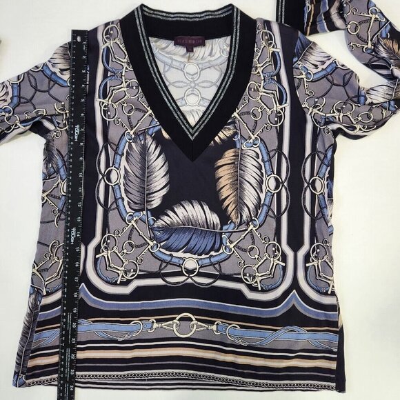 Hale Bob V-Neck Knit Top M Grey Blue Black Harness Print‎ Long Sleeve Stretch - Picture 7 of 10